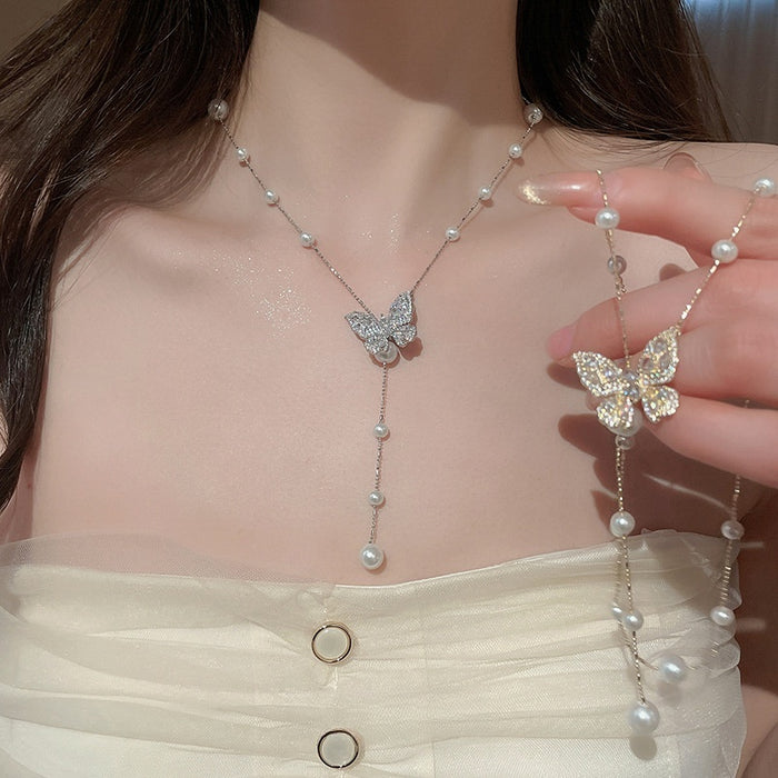 Gold Plated Zircon Butterfly Faux Pearl Tassel Choker Necklace For Women