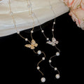 Gold Plated Zircon Butterfly Faux Pearl Tassel Choker Necklace For Women view 4
