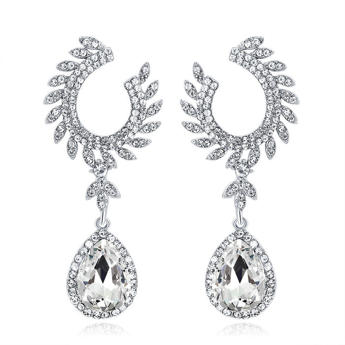 Silver Tone Crystal Crescent Leaf Crystal Metal Dangle Earrings
