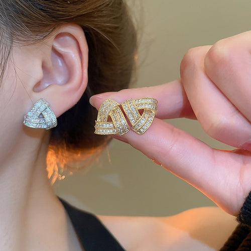 Light Luxury Copper Zircon Cross Triangle Stud Earrings For Women Geometric Fashion Jewelry