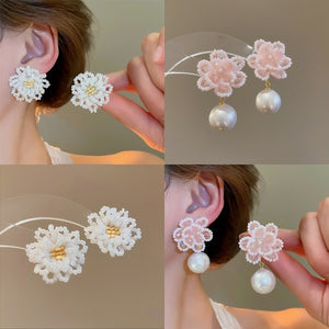 Elegant Faux Pearl Flower Cluster Stud Earrings With Silver Pins, Light Luxury Floral Jewelry
