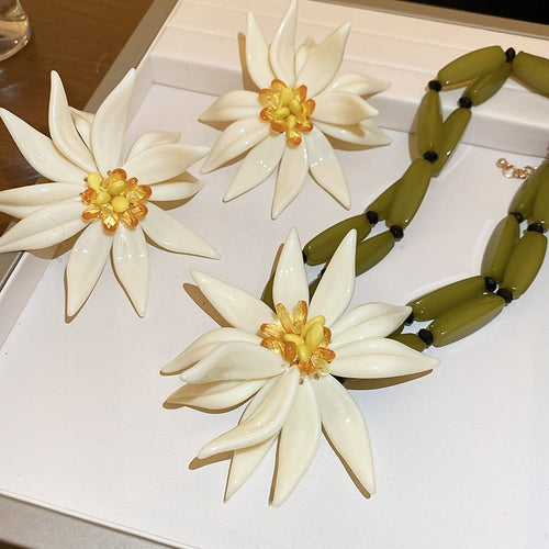 Resin Bamboo Joint 3D Flower Earrings Necklace Jewelry Set For Women Spring Vacation Fashion Style