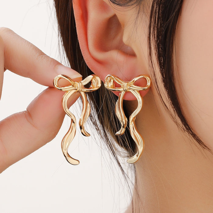 Elegant Gold Alloy Bowknot Ribbon Drop Stud Earrings For Women Sweet Long Dangle Fashion Earrings