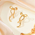 Elegant Gold Alloy Bowknot Ribbon Drop Stud Earrings For Women Sweet Long Dangle Fashion Earrings view 3