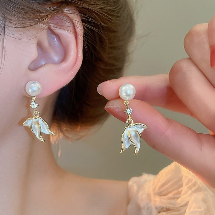 Light Luxury Faux Pearl Wing Tassel Drop Earrings With Rhinestone Enamel Geometric Design