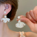 Chic French Floral Cluster Faux Pearl Tassel Drop Earrings With Silver Needle Posts view 4