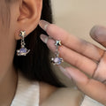 Elegant Korean Silver Alloy Star And Planet Drop Studs With Purple Crystal Pearl Moon Charm Earrings view 1