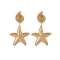 Gold Tone Alloy Spiral Shell And Starfish Drop Dangle Elegant Textured Beach Jewelry Earrings view 5