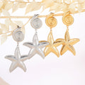 Gold Tone Alloy Spiral Shell And Starfish Drop Dangle Elegant Textured Beach Jewelry Earrings view 2