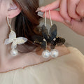 Chic Rhinestone Mesh Butterfly Faux Pearl Drop Earrings For Women Elegant Ear Hook Jewelry view 3