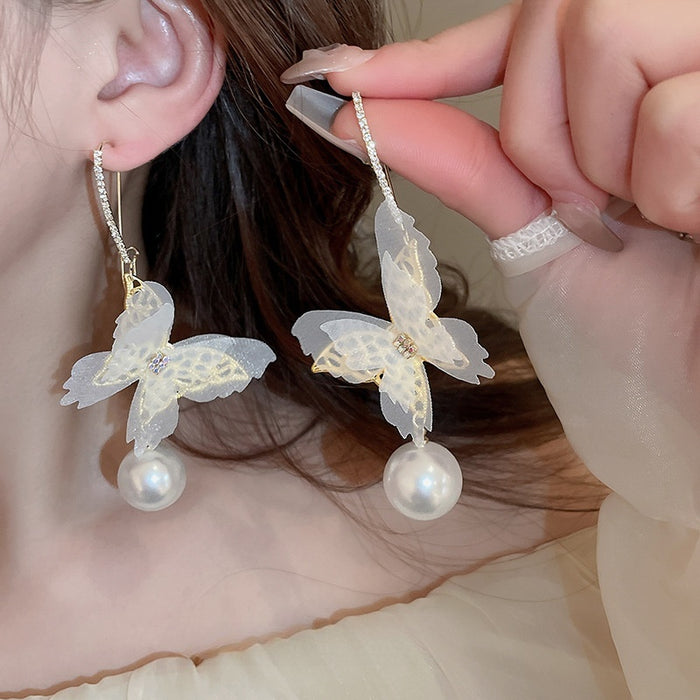Chic Rhinestone Mesh Butterfly Faux Pearl Drop Earrings For Women Elegant Ear Hook Jewelry