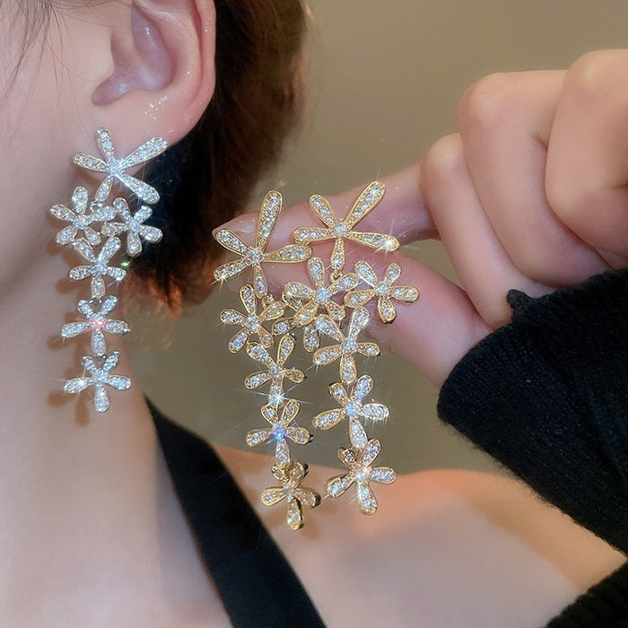 Chic Copper Zircon Flower Tassel Drop Earrings With Silver Needle Posts