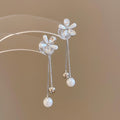 Chic Floral Rhinestone Faux Pearl Tassel Drop Earrings With Silver Needle view 1