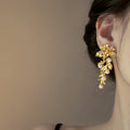 Silver Needle Pearl Flower Leaf Tassel Drop Earrings For Women Light Luxury Chinese Style view 4