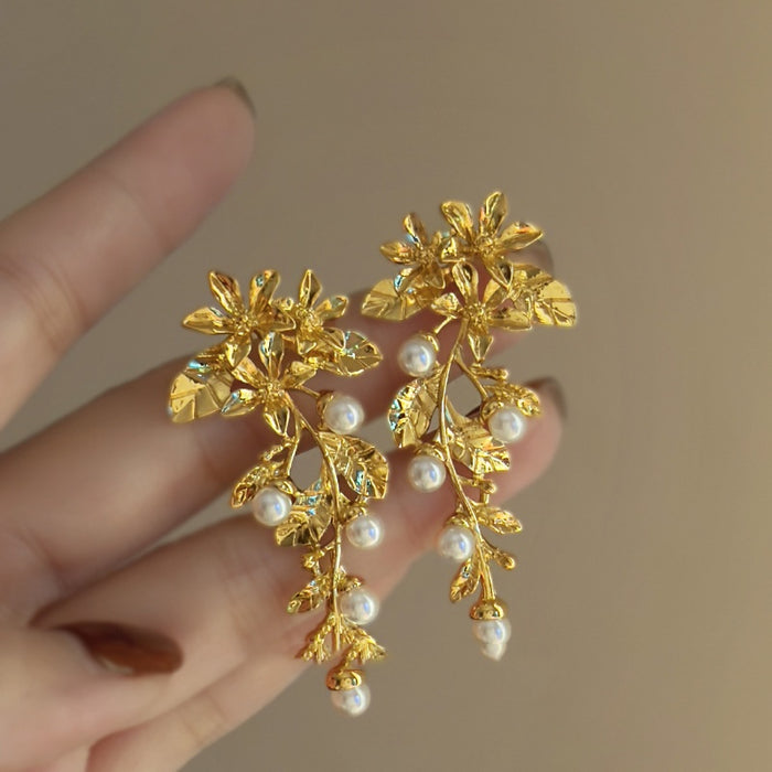 Silver Needle Pearl Flower Leaf Tassel Drop Earrings For Women Light Luxury Chinese Style
