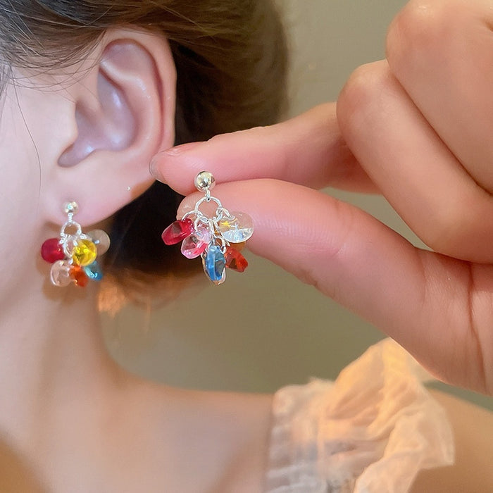 Colorful Artificial Crystal Tassel Drop Earrings Geometric Circle Silver Needle Elegant Fashion