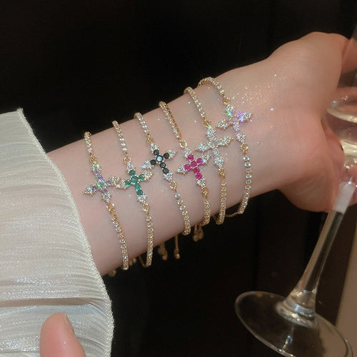 Copper Zircon Cross Pendant Bangle, Light Luxury Geometric Elegant Bracelet
