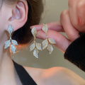 Light Luxury Copper Zircon Leaf Tassel Drop Earrings, French Vintage Women's Fashion Jewelry view 2