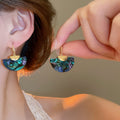 Light Luxury Alloy Abalone Shell Fan Shaped Drop Earrings, Geometric Retro French Style Jewelry view 2