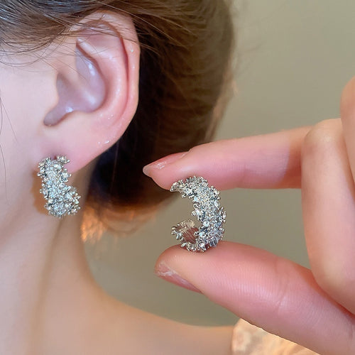 Alloy Silver Needle Pavé Rhinestone C Letter Stud Earrings Minimalist Elegant High-End Style