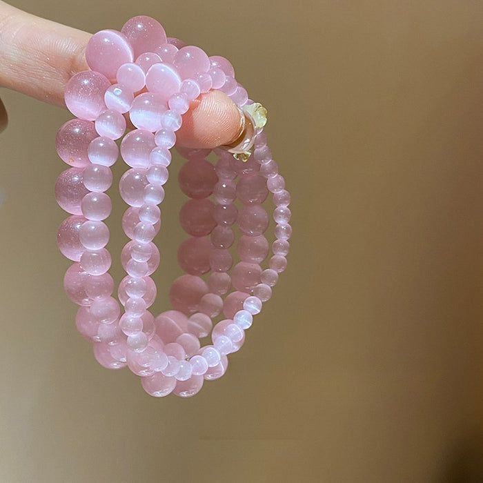 Pink Cat Eye Stone Round Beaded Bangle For Women New Chinese Light Luxury Geometric Jewelry