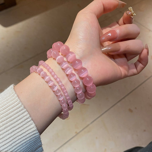 Pink Cat Eye Stone Round Beaded Bangle For Women New Chinese Light Luxury Geometric Jewelry