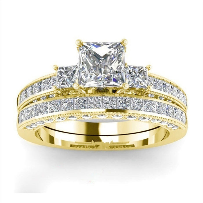 Geometric Quadrilateral Couple Rings With Row Rhinestones, Fashion Matching Finger Jewelry