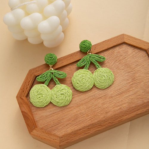 Bohemian Handmade Raffia Woven Cherry Flower Alloy Stud Earrings For Sweet Summer Fashion Earrings