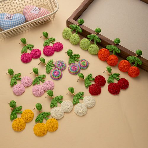 Bohemian Handmade Raffia Woven Cherry Flower Alloy Stud Earrings For Sweet Summer Fashion Earrings