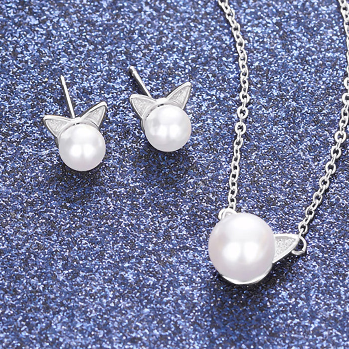 Korean Lady Cat Ear Necklace And Stud Earring Jewelry Set With Cute Faux Pearl Design Stud Earrings