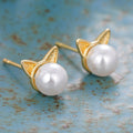 Korean Lady Cat Ear Necklace And Stud Earring Jewelry Set With Cute Faux Pearl Design Stud Earrings view 3