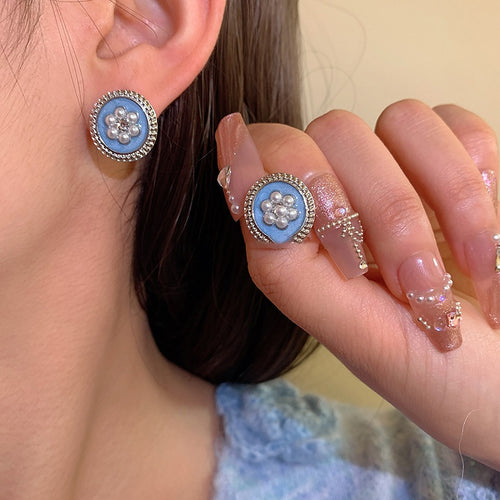 Blue Enamel Alloy Round Geometric Stud Earrings For Women Light Luxury Fashion Jewelry