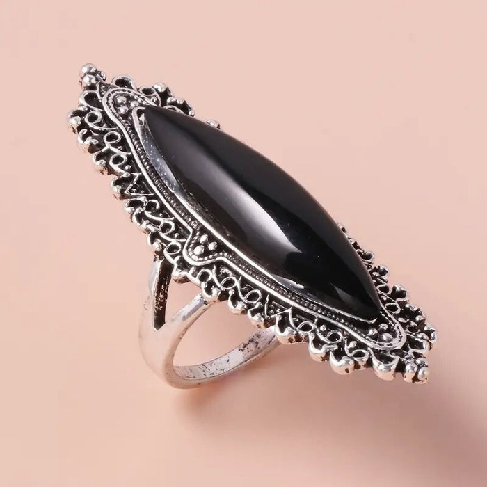 European Vintage Light Luxury Ring With Faux Turquoise Stone, Antique Finish Bold Finger Jewelry