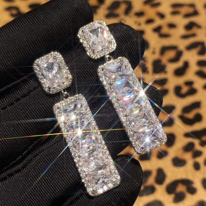 Luxury Geometric Square Bar Drop Earrings For Women With Sparkling Zircon, Elegant Outfit Jewelry