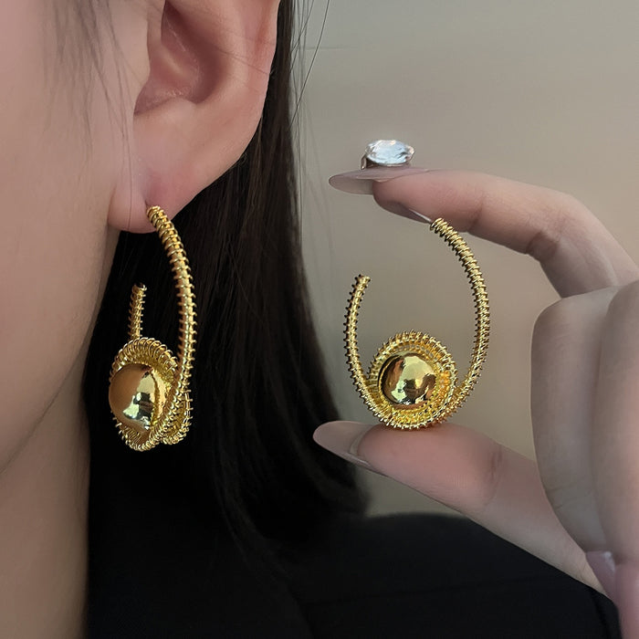 Elegant Gold Alloy Spiral Hoop Stud Earrings For Women, Statement Metal Dome Ball Luxury Earrings