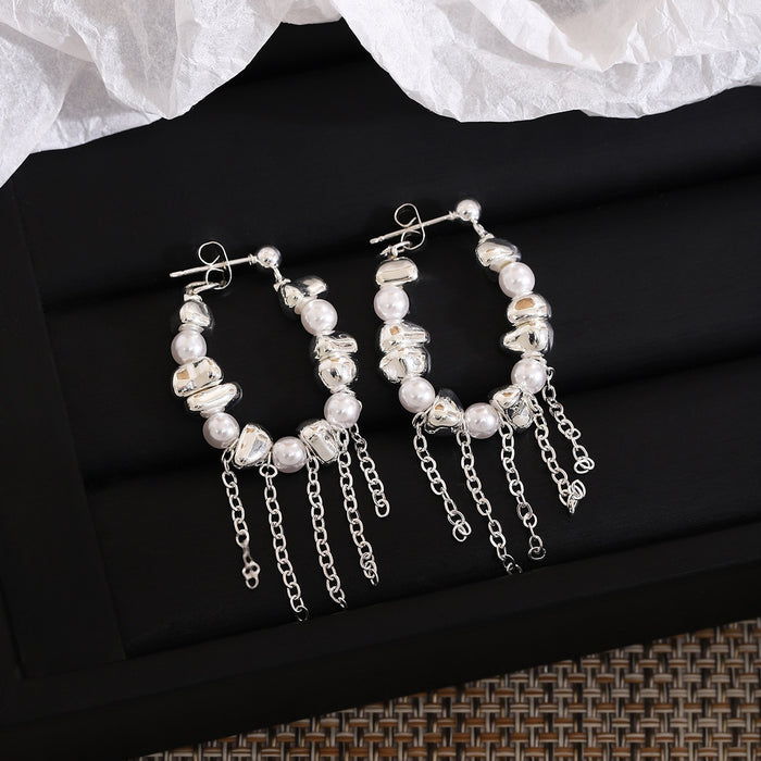 Elegant French Style Pearl Hoop Stud With Silver Alloy Irregular Beads And Long Chain Tassel Earrings