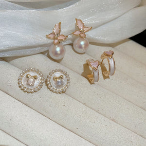 Pink Enamel Flower Faux Pearl Stud Earrings French Vintage Light Luxury Jewelry