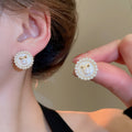 Pink Enamel Flower Faux Pearl Stud Earrings French Vintage Light Luxury Jewelry view 3