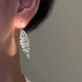 Copper Zircon Leaf Wheat Tassel Drop Earrings Chic Minimalist Silver Needle Jewelry for Women view 2
