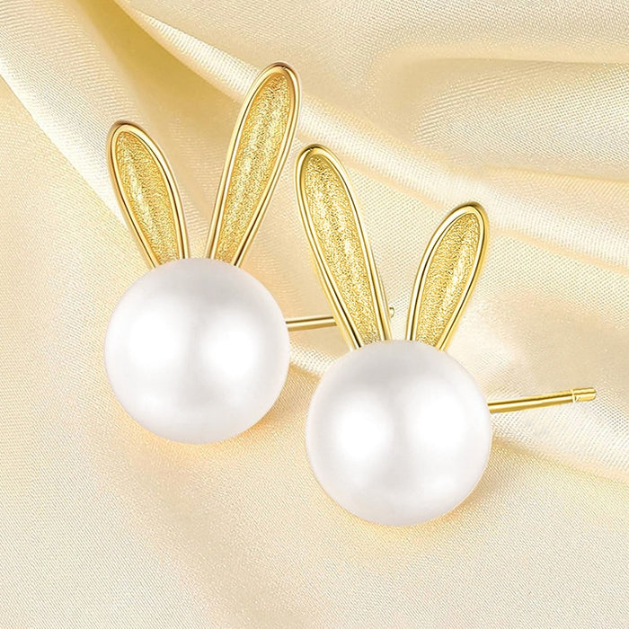 Cute Rabbit Stud Earrings For Women With Faux Pearl Long Ear Design, Trendy Fashion Accessories