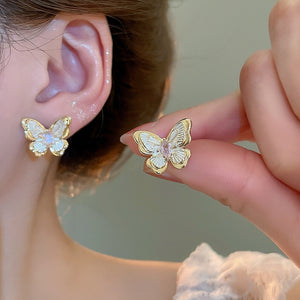 18K Gold Plated Copper Zircon Butterfly Stud Earrings With Silver Pins, Korean Light Luxury Style