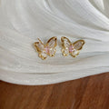 18K Gold Plated Copper Zircon Butterfly Stud Earrings With Silver Pins, Korean Light Luxury Style view 2