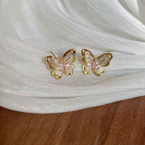 18K Gold Plated Copper Zircon Butterfly Stud Earrings With Silver Pins, Korean Light Luxury Style