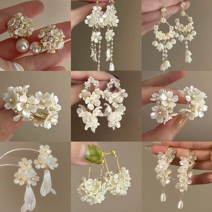 Pearl Floral Tassel Drop Earrings French Elegant Vintage Light Luxury Silver Needle Jewelry