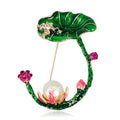 Green Gold Tone Lotus Enamel Metal Brooch Pin for Jackets and Lapels view 1