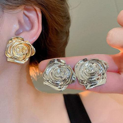 Silver Needle Smooth Metal Rose Flower Stud Earrings For Women Minimalist Light Luxury OL Style