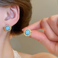 18K Gold Plated Copper Round Turquoise Zircon Stud Earrings With Silver Pins view 1