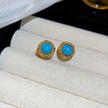 18K Gold Plated Copper Round Turquoise Zircon Stud Earrings With Silver Pins view 2