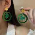 Green Acrylic Shamrock Clover Round Hoop Drop Dangle Luxury Party Festival Statement Earrings view 1