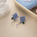 Elegant Blue Enamel Flower Leaf Crystal Drop Stud Earrings for Women New Chinese Ethnic Style Earrings view 4